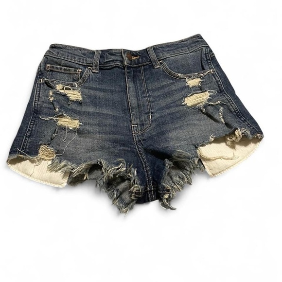 Hollister Blue Distressed Jean Shorts Raw Hem - Picture 1 of 3